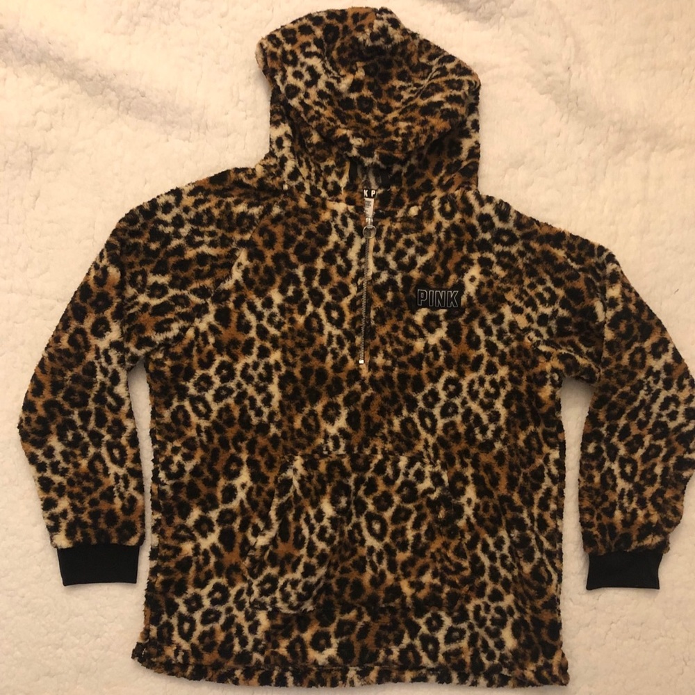 Victoria Secret Pink Sherpa Leopard Hoodie - SZ L - Picture 2 of 4